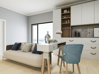 There are sofa, table and other facilities in the bright and tidy living room