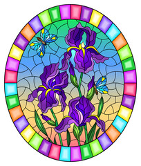 Illustration in stained glass style with a bouquet of purple irises and a blue butterflies on a sky background