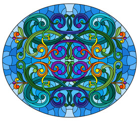 Illustration in stained glass style with abstract  swirls,flowers and leaves  on a yellow background,horizontal orientation, oval image