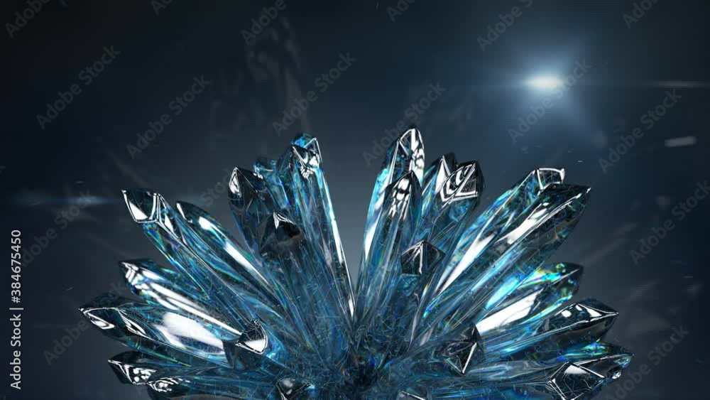 Poster cluster of raw piezoelectric crystals. 3d render seamless loop animation