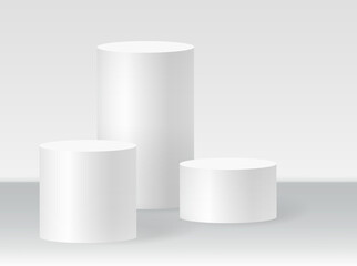 Cylinder podium scene, winner pedestal. White cylinder template for showroom podium scene. Vector white pedestal for product presentation.
