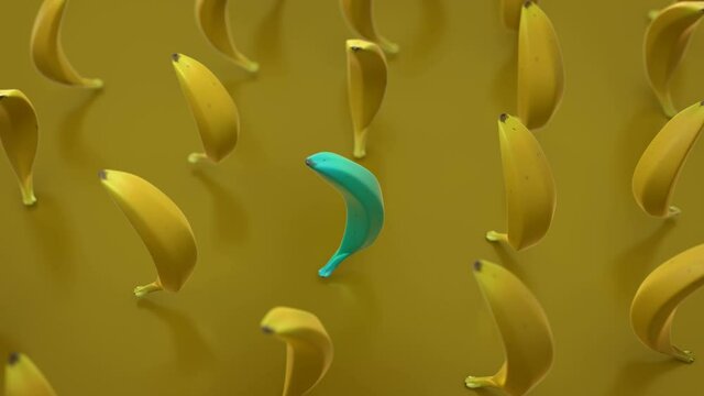 Special different unique blue banana surrounded by normal yellow ones. 3D render animation