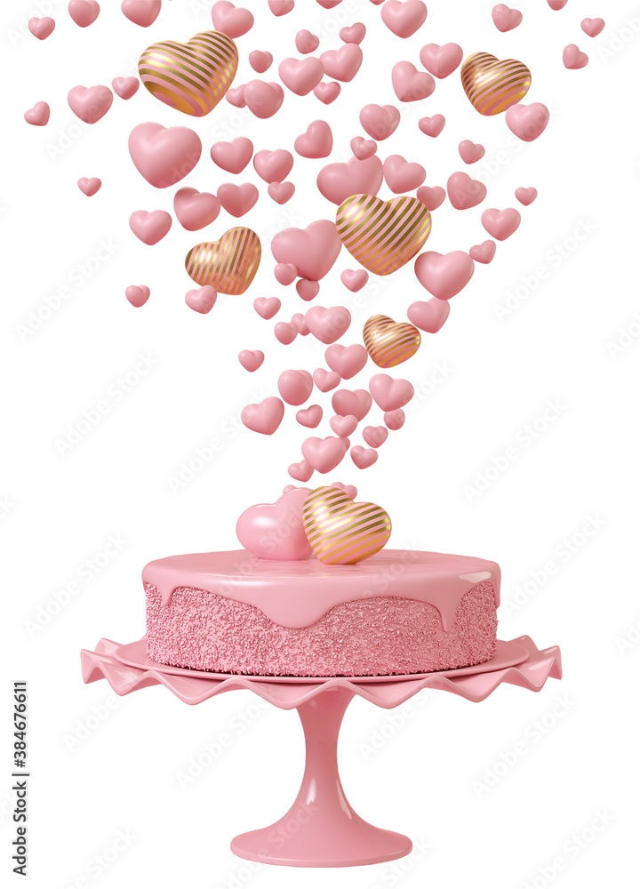 Poster minimal happiness object for love, wedding and valentine concept. pink heart with golden stripe with