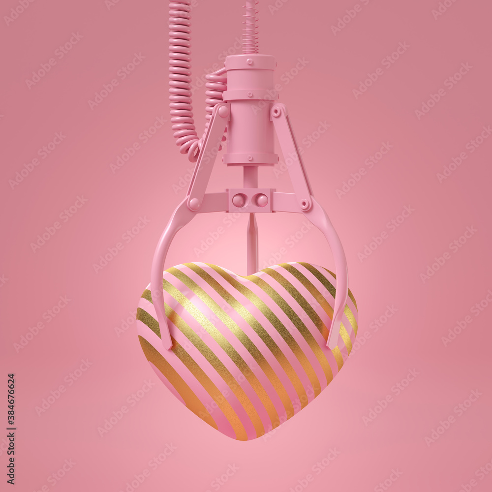 Poster minimal happiness object for love, wedding and valentine concept. pink with gold stripe heart catch 