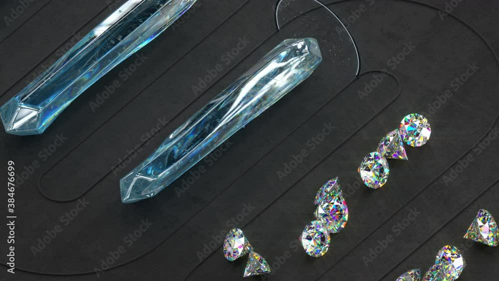 Poster diamonds cutting out of raw minerals. 3d render seamless loop animation