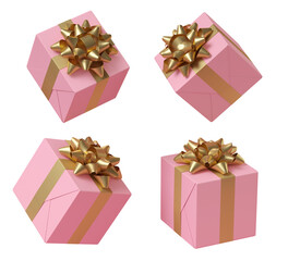 Minimal happiness object for love, wedding and valentine concept. Pink gift box with golden bow on white background. 3d rendering illustration. Clipping path of each element included.