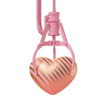 Minimal Happiness Object For Love, Wedding And Valentine Concept. Pink With Gold Stripe Heart Catch Claw Machine On White Background. 3d Rendering Illustration. Clipping Path Of Each Element Included.