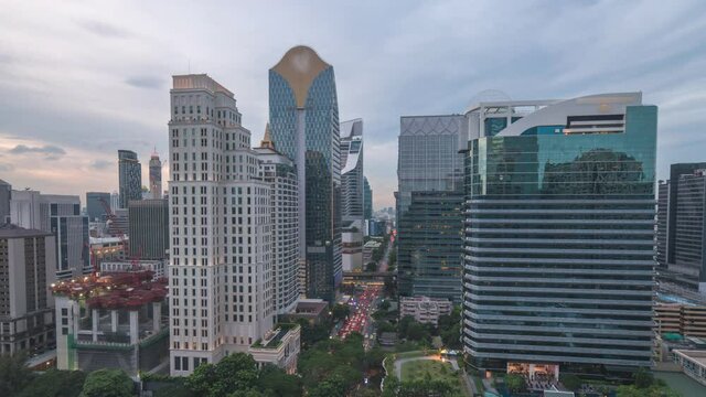 Bangkok city skyline day to night sunset timelapse at Bangkok downtown, Thailand 4K time lapse