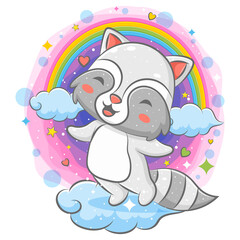 Happy raccoon playing on the cloud with rainbow background