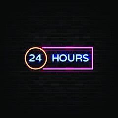 24 hours neon sign vector design template