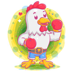 Rooster boxer wearing boxing championship belt
