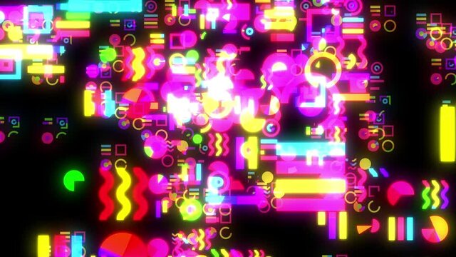 ネオンのように光るカラフルな丸や四角の記号が流れるループ