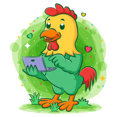 Happy rooster excited holding laptop
