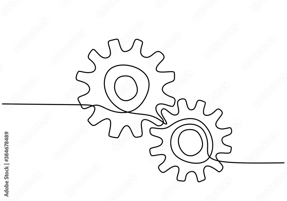 Poster one continuous line of moving gears wheels. three cogwheels connected. symbol of teamwork, developme