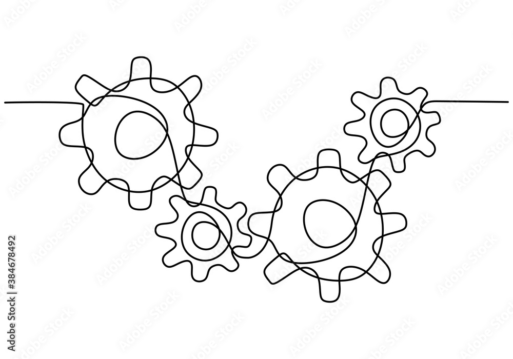 Poster one continuous line of moving gears wheels. three cogwheels connected. symbol of teamwork, developme