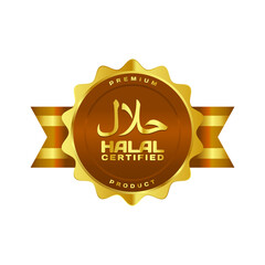 Vector golden halal-certified badges with Arabic writing and ribbon. Use for your halal product label, icon, sticker, etc
