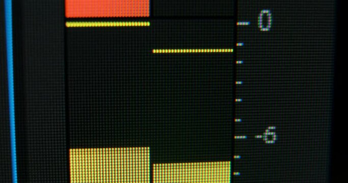 Yellow and red digital indicator audio control panels show exceeding level of sound of left and right channels during playback macro view