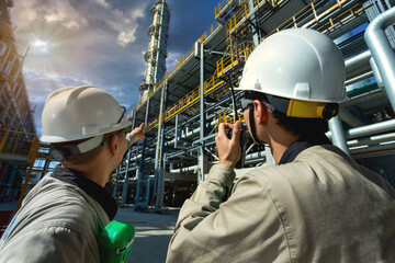 Industrial engineer or worker radio communication to the control room at oil and gas refinery plant...