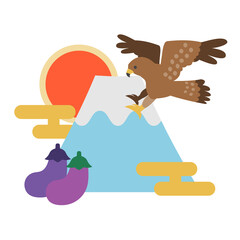 正月　年賀状　一富士二鷹三茄子　イラスト素材