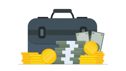 Large suitcase. Dollars, bundles of money, gold coins. The concept of a successful business, earnings and wealth. Vector.