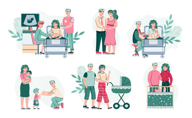 Happy fatherhood and motherhood set with characters of a young family expecting and raising a child, flat vector illustration. Family happiness and happy parenthood.