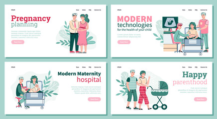 Concept of pregnancy, baby shower and maternity. Happy family is planning pregnancy, childbirth. Young couple of parents with a newborn baby. Set of vector landing pages templates.