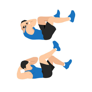 Man doing abdominal workout with Bicycle crunch. Illustration about exercise guide. Cross body crunches
