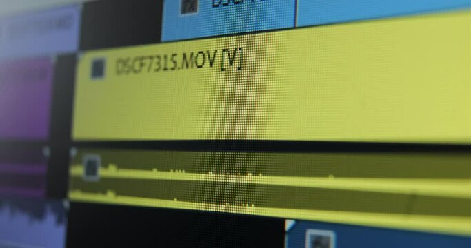 Movie maker increases footage height on timeline and calls drop-down menu working with project in computer program macro view