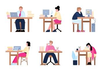 Set of office workers bored and tired of work routine, flat cartoon vector illustration isolated on white background. People feel burning out and tiredness on workplace.