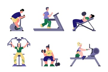 Fototapeta na wymiar Set of athletic people characters using various sport gym facilities, flat cartoon vector illustration isolated on white background. Gym training and weight lifting.