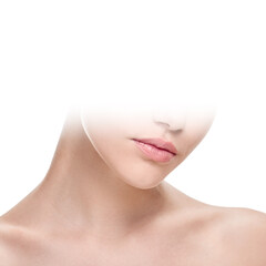 Naklejka premium Beautiful young woman with fresh healthy facial skin with white gradient on part of the image for your text