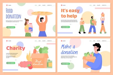 Support and charity for poor, hungry and homeless in shelter. Volunteers carry food and full grocery cardboard donation boxes. Vector illustration. Set of landing pages templates