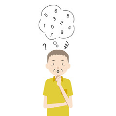 Illustration of a senior man who is having trouble remembering his password(pin code, pass code)