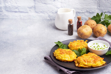 Fried cakes of grated potatoes on the plate with sauce. Traditional pancakes boxty raggmunk.