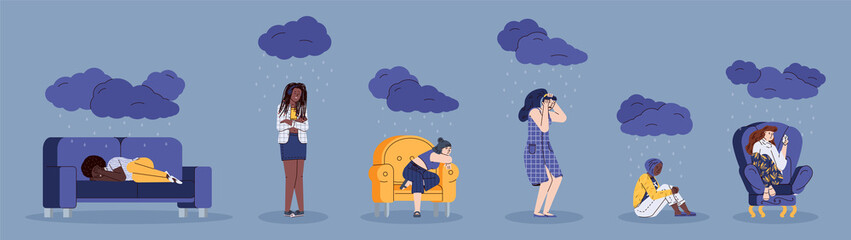 Sad and depressed women cartoon characters set, flat vector illustration isolated on blue background. Unhappy woman feeling depression and stress under stormy clouds.