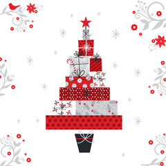 The shape of a Christmas tree from a pile of Christmas gifts, vector illustration