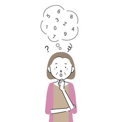 Illustration of a senior woman who is having trouble remembering her password(pin code, pass code)