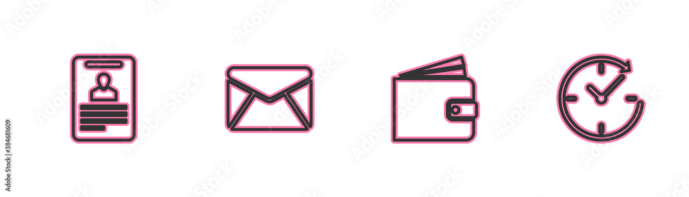 Poster set line identification badge, wallet, envelope and clock with arrow icon. vector.
