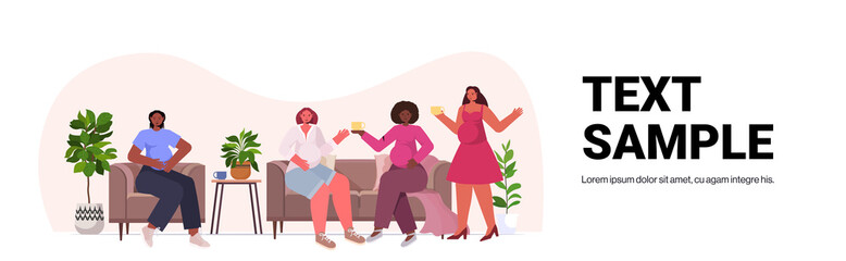 Fototapeta premium mix race women discussing during meeting female empowerment movement girl power union of feminists concept horizontal full length copy space vector illustration