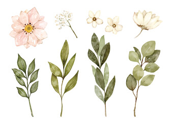 ナチュラルな花と葉　水彩イラスト　ベクター素材