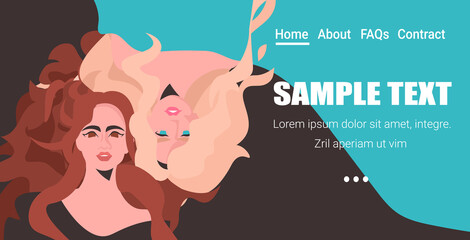 Obraz premium girls avatars female empowerment movement women power concept upside down portrait horizontal copy space vector illustration