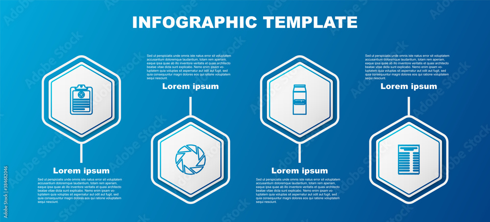 Poster Set line Clinical record, Camera shutter, Paper package for milk and financial check. Business infographic template. Vector.