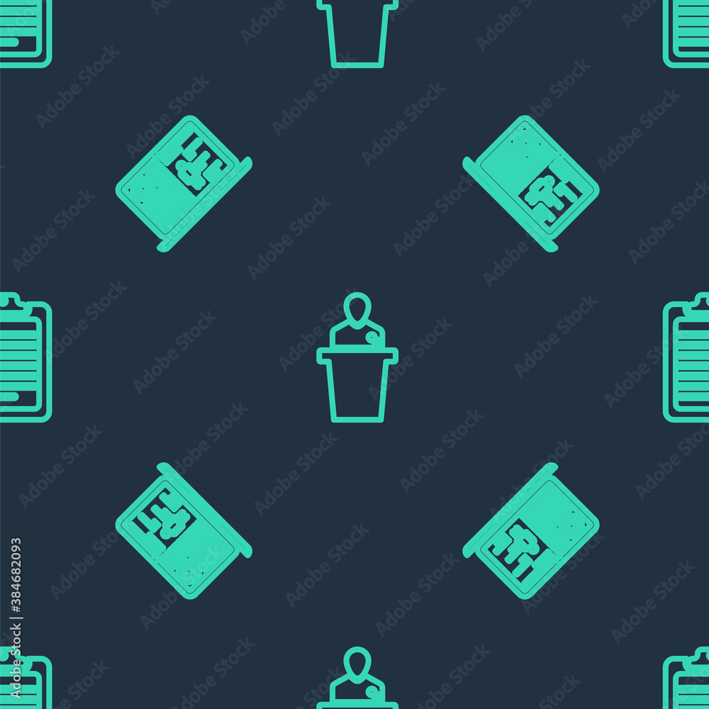 Poster set line speaker, medical clinical record and clipboard with document on seamless pattern. vector.