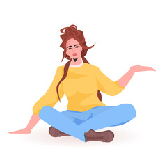 beautiful girl in casual clothes female cartoon character sitting pose full length vector illustration
