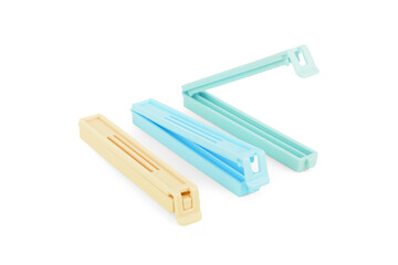 Plastic bag clips on a white background