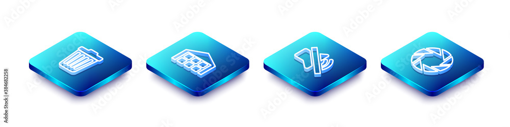 Poster set isometric line trash can, warehouse, speaker mute and camera shutter icon. vector.