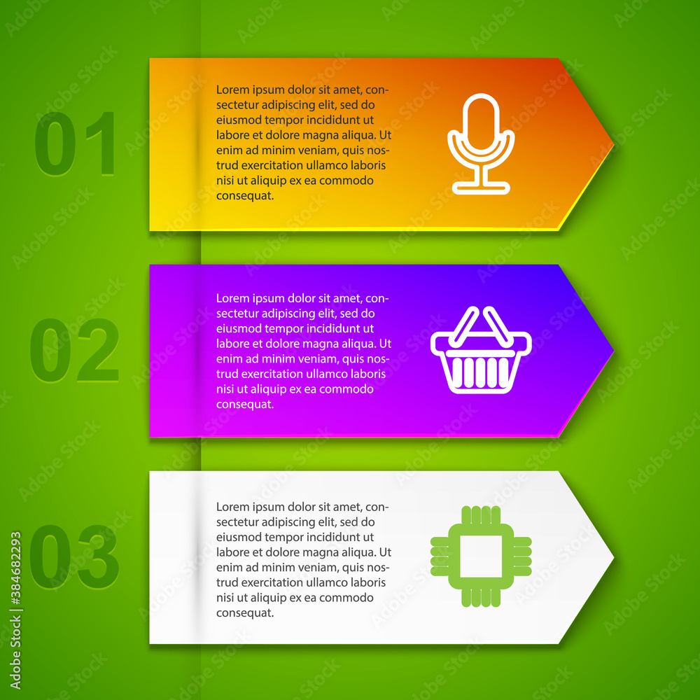 Poster set line microphone, shopping basket, processor with cpu and passport. business infographic template
