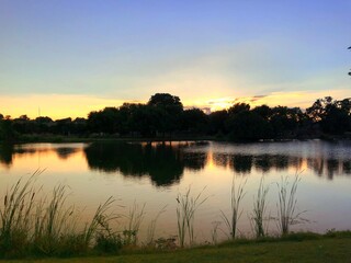Silhouettes of trees reflected in the lake at sunset