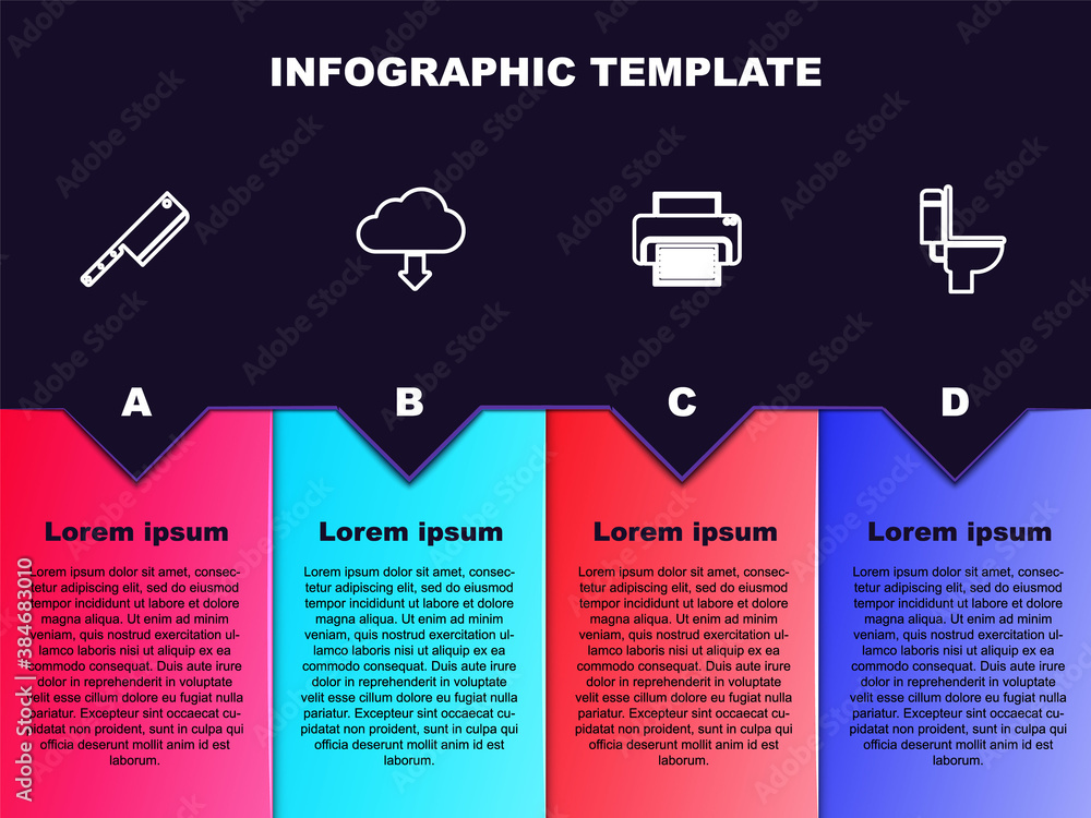 Poster Set line Meat chopper, Cloud download, Printer and Toilet bowl. Business infographic template. Vector.