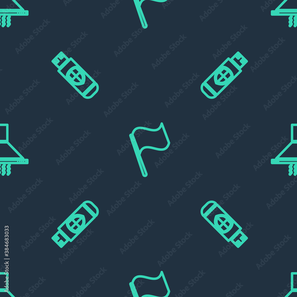 Poster set line flag, usb flash drive and shield and kitchen extractor fan on seamless pattern. vector.